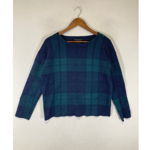 Tahari Sweaters - Dark Academia Tahari Womens Large Navy Green Plaid Boat Neck Knit Sweater‎